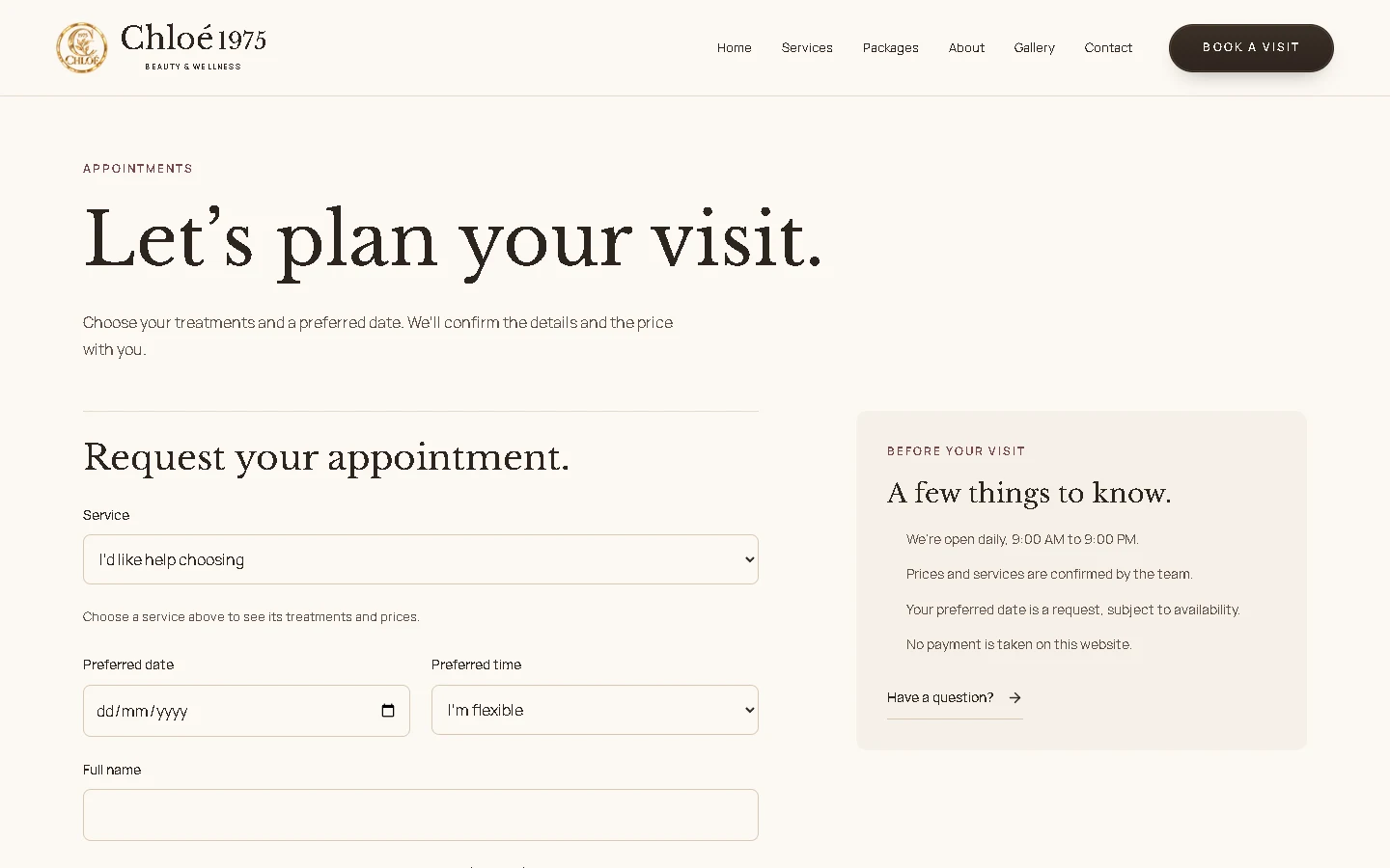 Chloé1975 appointment request form with treatment selection and preferred visit details