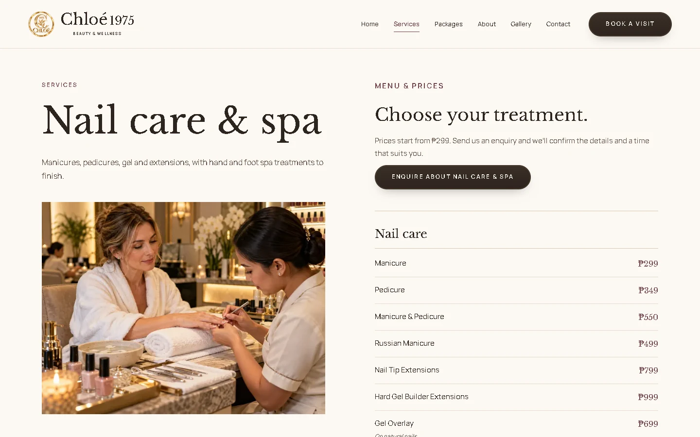 Chloé1975 nail care service page with its treatment menu and prices