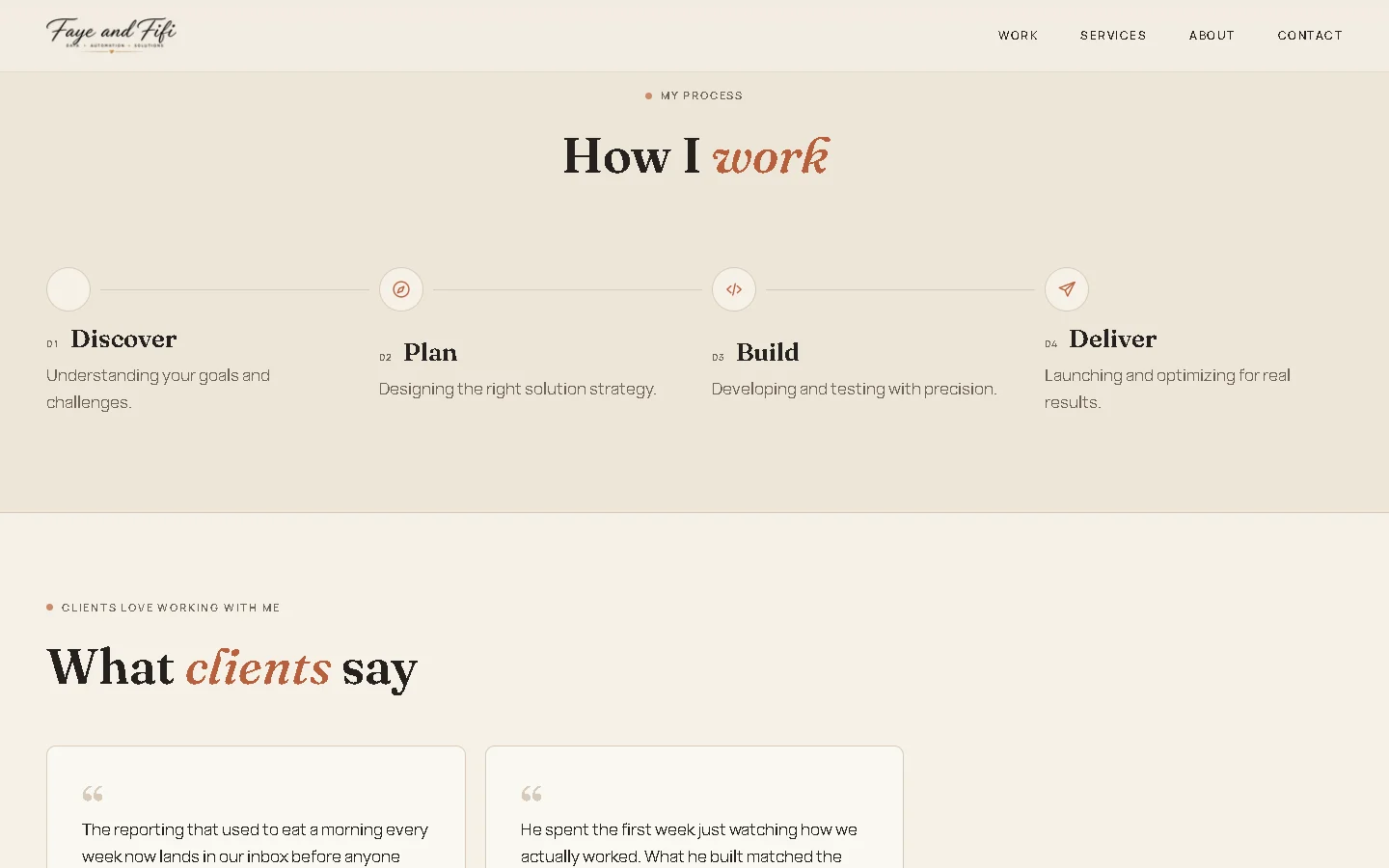 The four-step process — discover, plan, build, deliver — above the client quotes